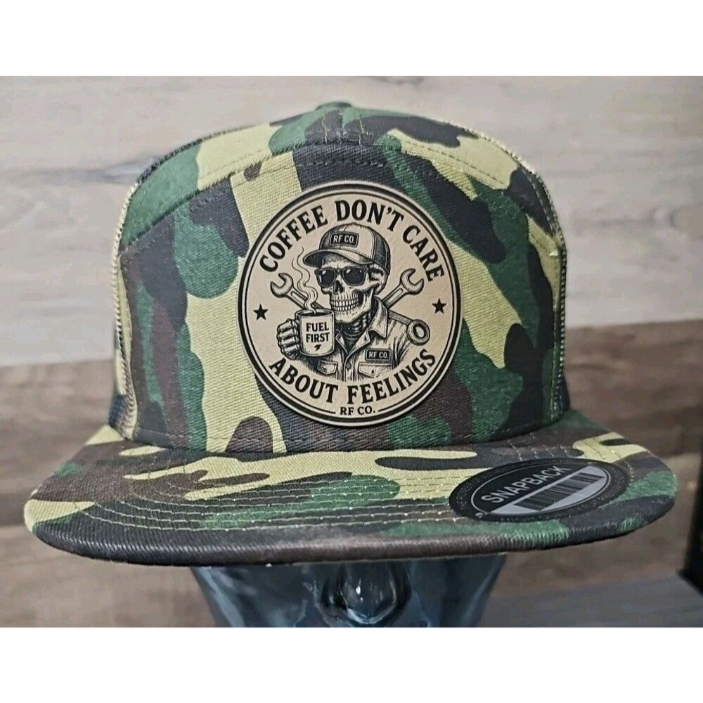 Coffee Don't Care About Feelings RF CO. Camo Trucker Snapback Hat 7 Panels Cap